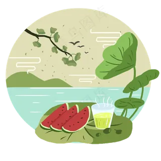 大暑绿色扁平风元素西瓜