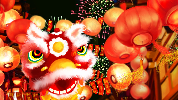 大雪冬季烟花过年元旦新年舞狮灯笼街道