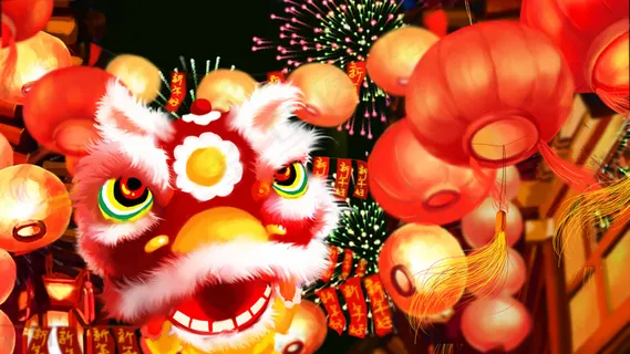 大雪冬季烟花过年元旦新年舞狮灯笼街道