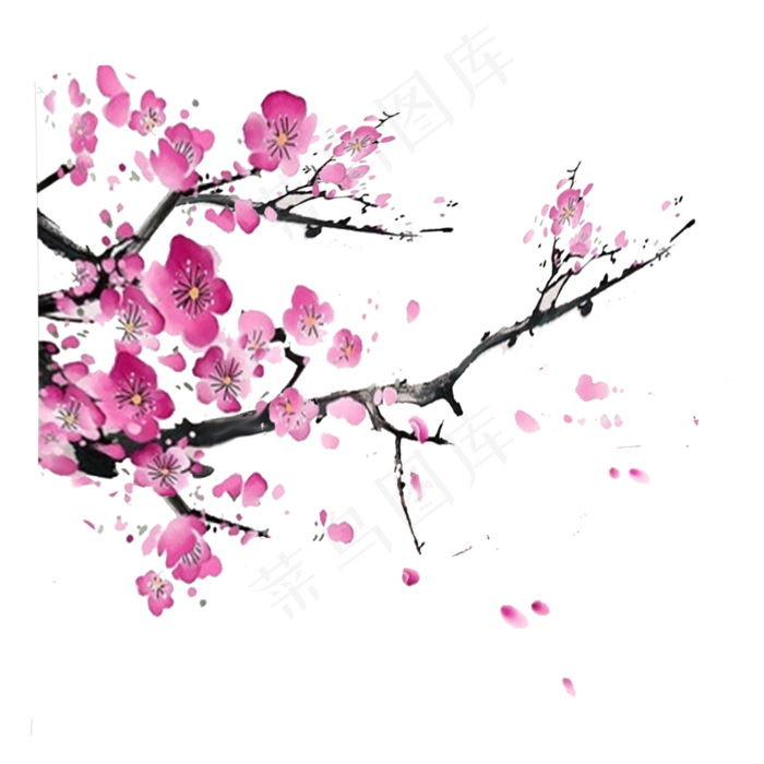 手绘中国风桃花水墨画PNG素材,免抠元素(2000*2000px 300 dpi )psd模版下载