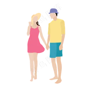 在海边牵手散步的情侣矢量素材