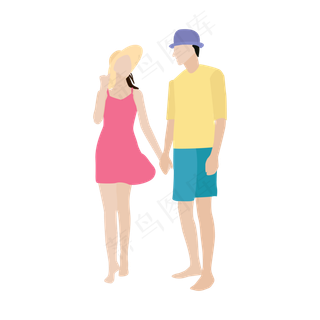 在海边牵手散步的情侣矢量素材