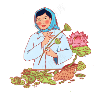 五一劳动节采莲藕PNG免抠