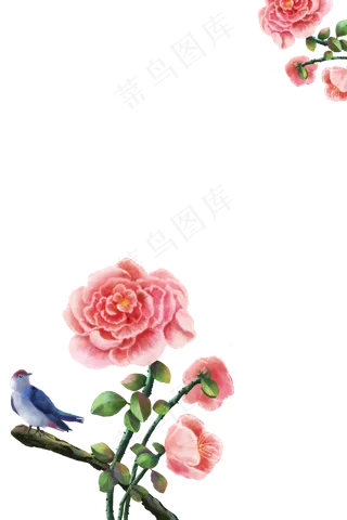 牡丹花鸟古风花卉装饰边框,免抠元素