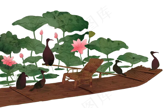 池塘荷花荷叶鸬鹚竹排(2000X1308(DPI:300))psd模版下载
