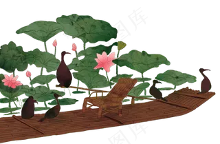 池塘荷花荷叶鸬鹚竹排