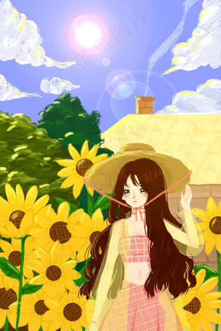 夏天夏日夏景七月八月葵花向日葵遮阳少女