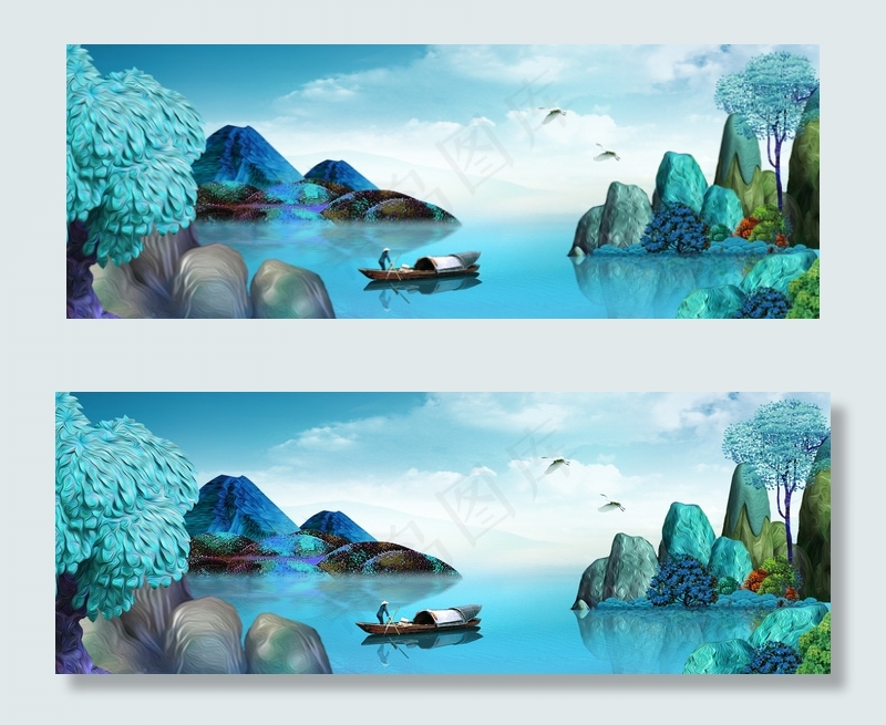 蓝色手绘新中式夏季山水湖泊背景