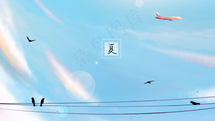 夏日天空中小鸟停在电线杆上飞机在飞(2880*1620px 300 dpi )
