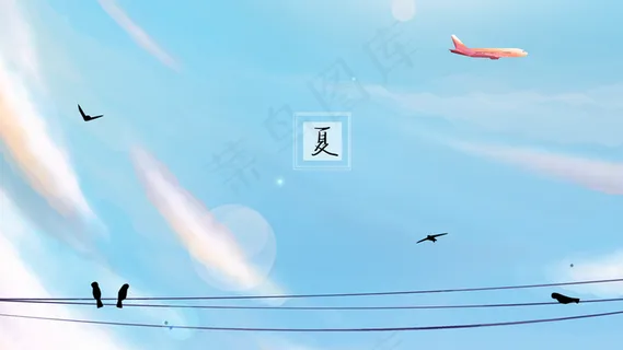 夏日天空中小鸟停在电线杆上飞机在飞 夏日天空中小鸟停在电线杆上飞机在飞