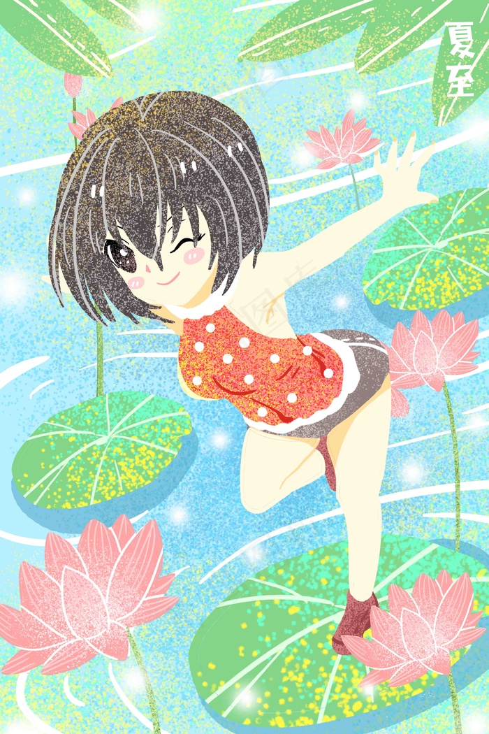 夏至凉爽沙滩泳装可爱少女活力阳光手绘插画