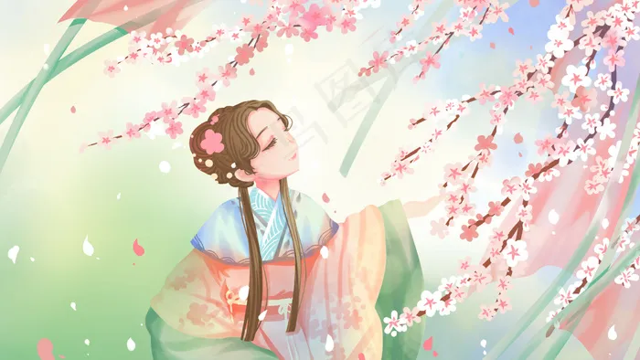 唯美卡通治愈春季春天3月你好古风游玩(2880X1620(DPI:300))psd模版下载