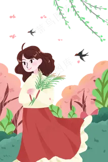 手绘卡通清明节的女孩免扣元素 手绘卡通清明节的女孩免扣元素
