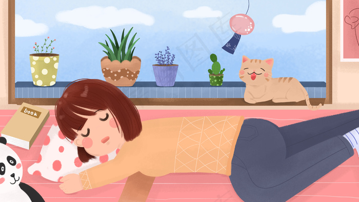春天睡觉少女猫小清新