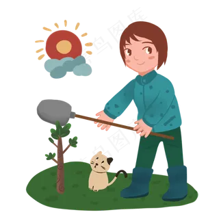 植树节人物和太阳