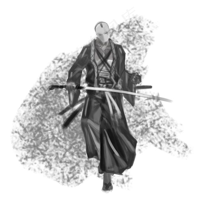 手绘黑白厚涂半写实风格武侠人物,免抠元素