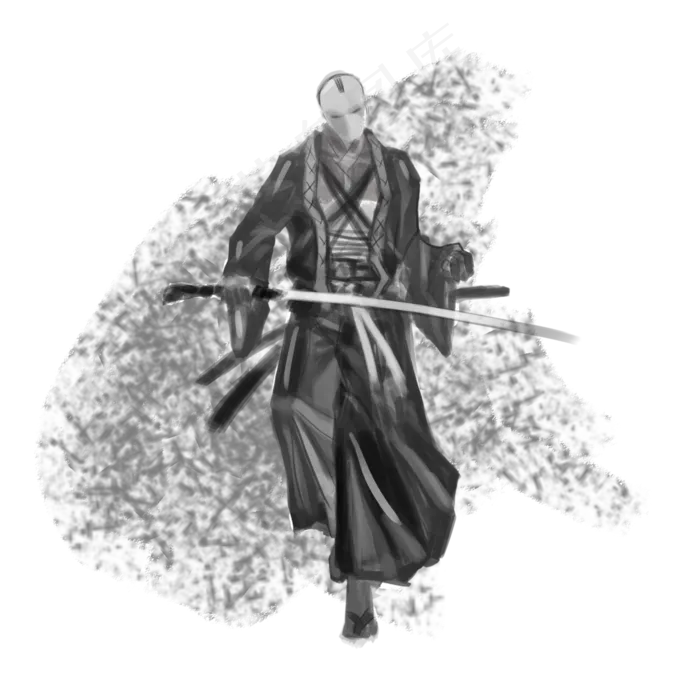 手绘黑白厚涂半写实风格武侠人物,免抠元素