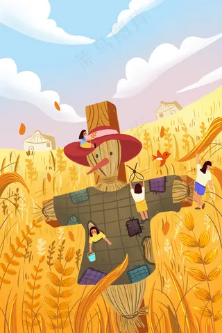 芒种丰收女孩麦穗稻草人