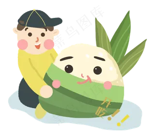 端午节小男孩开吃粽子粽叶