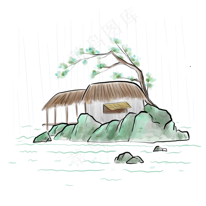 国画雨天的风景,免抠元素(2048X2048(DPI:132))psd模版下载