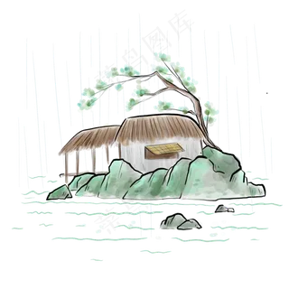 国画雨天的风景,免抠元素