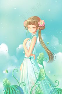 蓝色唯美小清新卡通夏季西瓜地美丽少女配图