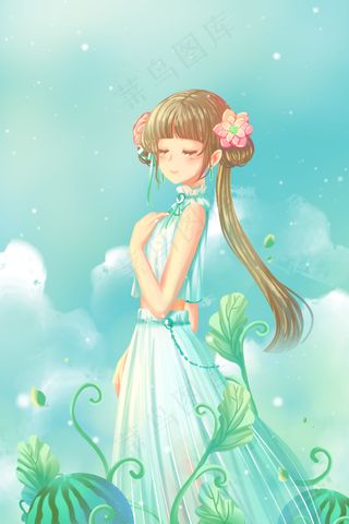 蓝色唯美小清新卡通夏季西瓜地美丽少女配图