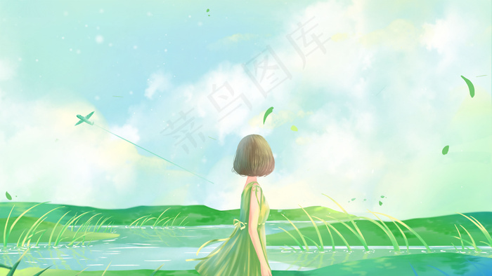 绿色唯美小清新卡通夏季立夏夏天风景配图(2880*1620px 300 dpi )psd模版下载