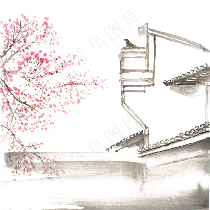 江南杏花水墨画PNG免抠素材