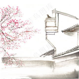 江南杏花水墨画PNG免抠素材