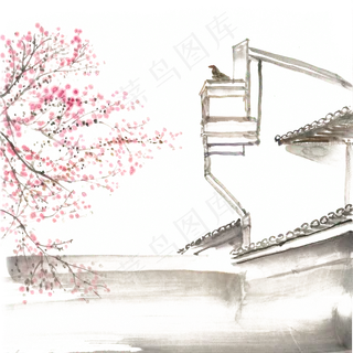 江南杏花水墨画PNG免抠素材