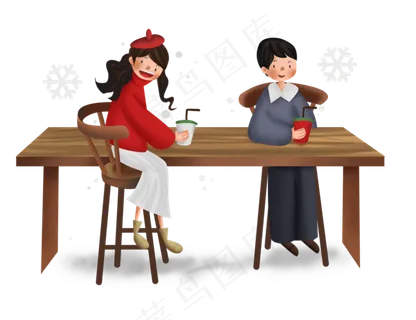 冬季系列雪天咖啡店喝咖啡的情侣,免抠元素