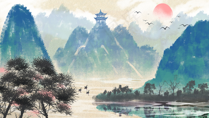 中国风水墨风山水风景配图(2880*1620px 300 dpi )