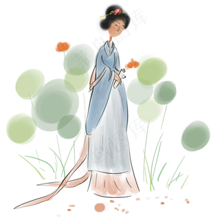 国画赏荷的古代少女