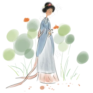 国画赏荷的古代少女