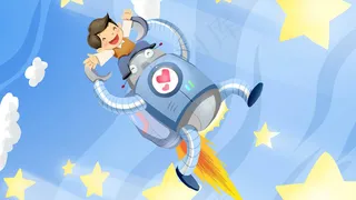 蓝色系卡通手绘风AI对话火箭男孩配图