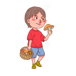 六一儿童节小男孩上山采蘑菇