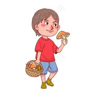 六一儿童节小男孩上山采蘑菇