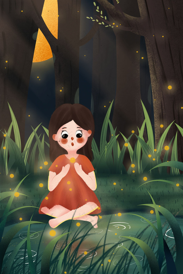 夏日夜晚女孩森林抓萤火虫(3545*5315px 300 dpi )psd模版下载