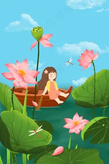 立夏夏天荷花池里划船的小女孩 立夏夏天荷花池里划船的小女孩