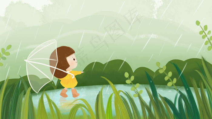 谷雨女孩雨中散步插画背景