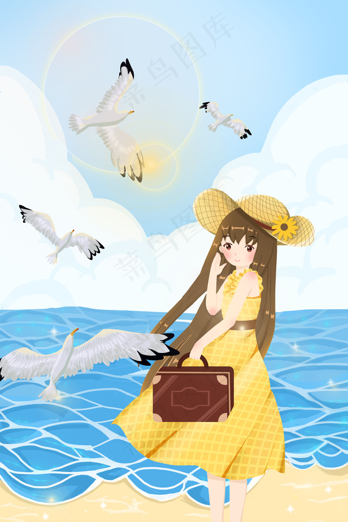夏日海边沙滩海鸥少女旅行(3545*5315px 300 dpi )psd模版下载