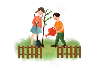 女孩和男孩一起种树