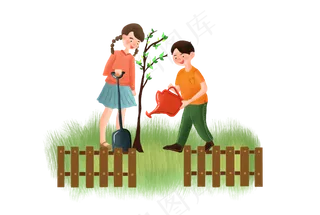 女孩和男孩一起种树