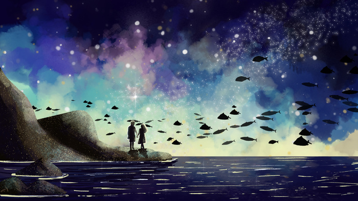 情侣一起看夜晚星空治愈系(2880*1620px 300 dpi )