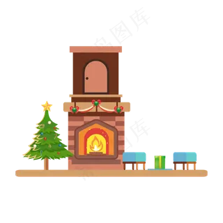 矢量手绘卡通圣诞树壁炉,免抠元素