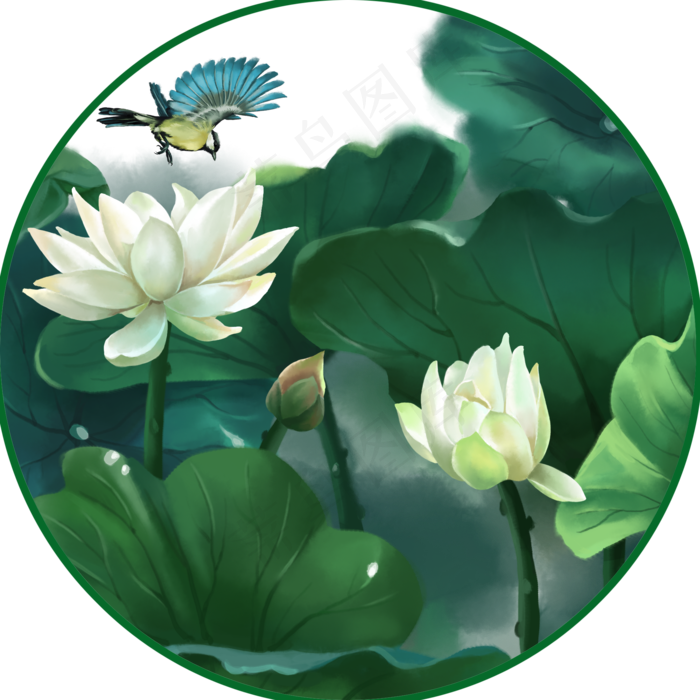 荷花夏季中国风花鸟荷塘风景插画,免抠元素