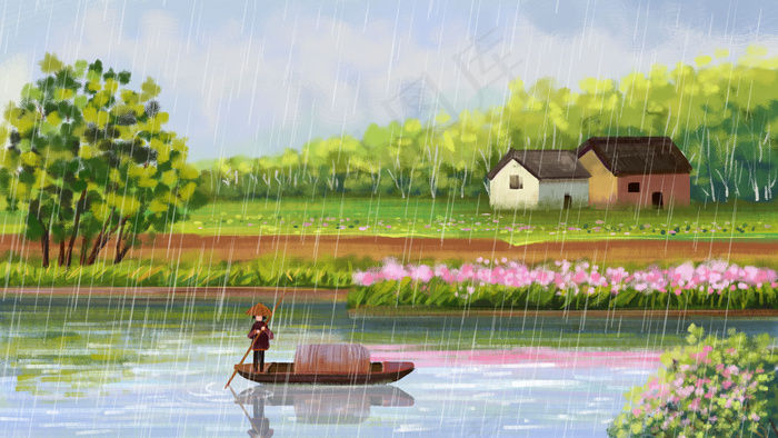 雨水主题之水粉风景画(2880*1620px 300 dpi )psd模版下载