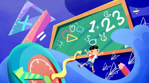 蓝色系卡通手绘风开学季配图