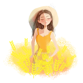 麦田戴草帽芒种女孩png素材